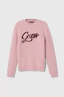 Swetry dla dziewczynek - Guess sweter dziecięcy kolor różowy ciepły - miniaturka - grafika 1