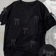 Bluzki damskie - TEMU Koszulka Damska Casual z Czarną Kokardką – Miękki, Elastyczny Materiał, Pranie w Praniu Maszynowym, na Każdą Porę Roku, Jednokolorowa Bluzka, - miniaturka - grafika 1