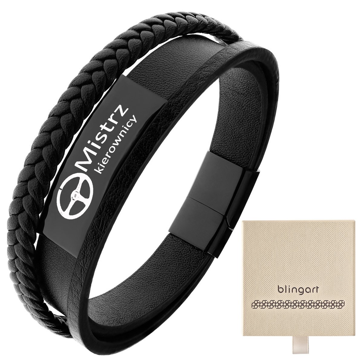 Bransoletka z GRAWEREM męska skórzana CZARNA stal