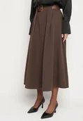 Spódnice - Brązowa Rozkloszowana Spódnica z Wiskozą Zdobiona Paskiem z Klamrą Tinevia - miniaturka - grafika 1
