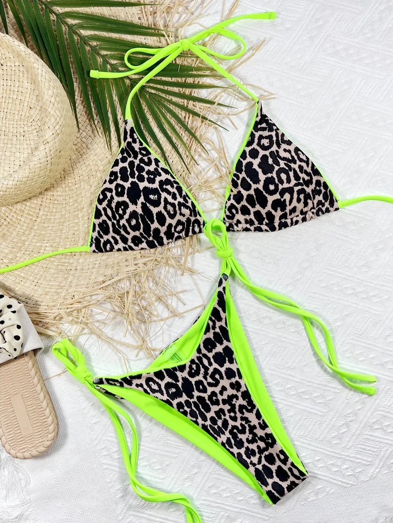 Strój Kąpielowy BIKINI Stringi Neon Wiązane Panterka - M
