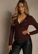 Bluzki damskie - Bordowa Bluzka Longsleeve z Koronki z Dekoltem w Kształcie Litery V Lerafera - miniaturka - grafika 1