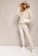 Dresy damskie - Jasnobeżowy Welurowy Komplet Dresowy Bluza z Kapturem i Proste Spodnie Arislo - miniaturka - grafika 1