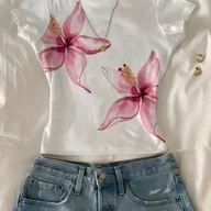 Bluzki damskie - TEMU Damska koszulka z krótkim rękawem i okrągłym dekoltem, lekka poliester, kwiaty w odcieniach róż i białego, idealna na i letnie stylizacje, - miniaturka - grafika 1