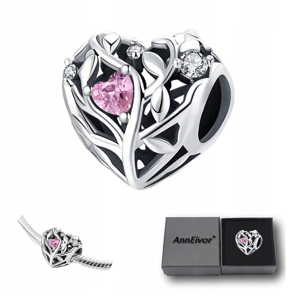 Zawieszka Charms Srebrna S925 Ornament Serce Róż Kryształki Drzewo Życia