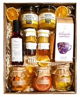 Zestawy upominkowe - DUŻY KOSZ ZESTAW PREZENTOWY PREZENT MIÓD HERBATA KONFITURY POMARAŃCZA SYROP - miniaturka - grafika 1