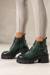 Zielone botki skórzane damskie workery na bieżnikowanej platformie w cholewce guma pasek ze stalową ozdobą sznurowane PRODUKT POLSKI Casu 39442 - Botki damskie - miniaturka - grafika 1