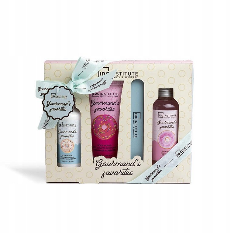 Priežiūros rinkinys IDC Gourmand's: dušo želė, 160 ml + kūno losjonas, 100 ml + šveitiklis, 100 ml + nagų dildė