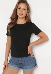 Czarny Gładki T-shirt z Krótkim Rękawem Elldora - Koszulki i topy damskie - miniaturka - grafika 1