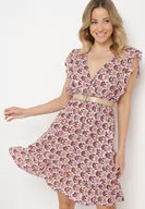 Sukienki - Beżowo-Czerwona Sukienka Mini z Wiskozy w Mozaikowy Wzór z Gumką w Pasie Lariaa - miniaturka - grafika 1