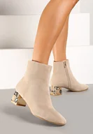 Botki damskie - Ciemnobeżowe Botki Vices z Słupku Ozdobionym Kryształkami Vortiola - miniaturka - grafika 1