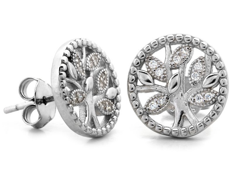 Kolczyki srebrne 925 okrągłe z drzewkiem ozdobionym cyrkoniami na sztyfcies