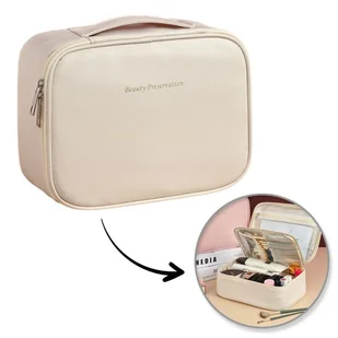 Kosmetyczka Rozkładana Elegancka Kuferek Etui z Ekoskóry Kremowa - Kosmetyczki, organizery i kuferki Kosmetyczka Rozkładana Elegancka Kuferek Etui z Ekoskóry Kremowa - Kosmetyczki, organizery i kuferki - miniaturka - grafika 1