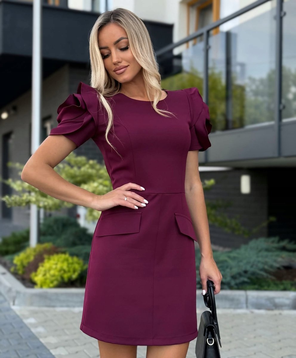 Elegancka Kobieca Sukienka Zdobione Rękawy Róża Polski Produkt Bordo L