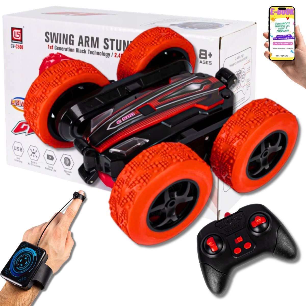 ZDALNIE STEROWANY SAMOCHÓD KASKADERSKI AUTO SAMOCHÓD DLA DZIECKA RC NA GESTY + PILOT Prezent Dla 9 10 11 12 13 latka + EBOOK