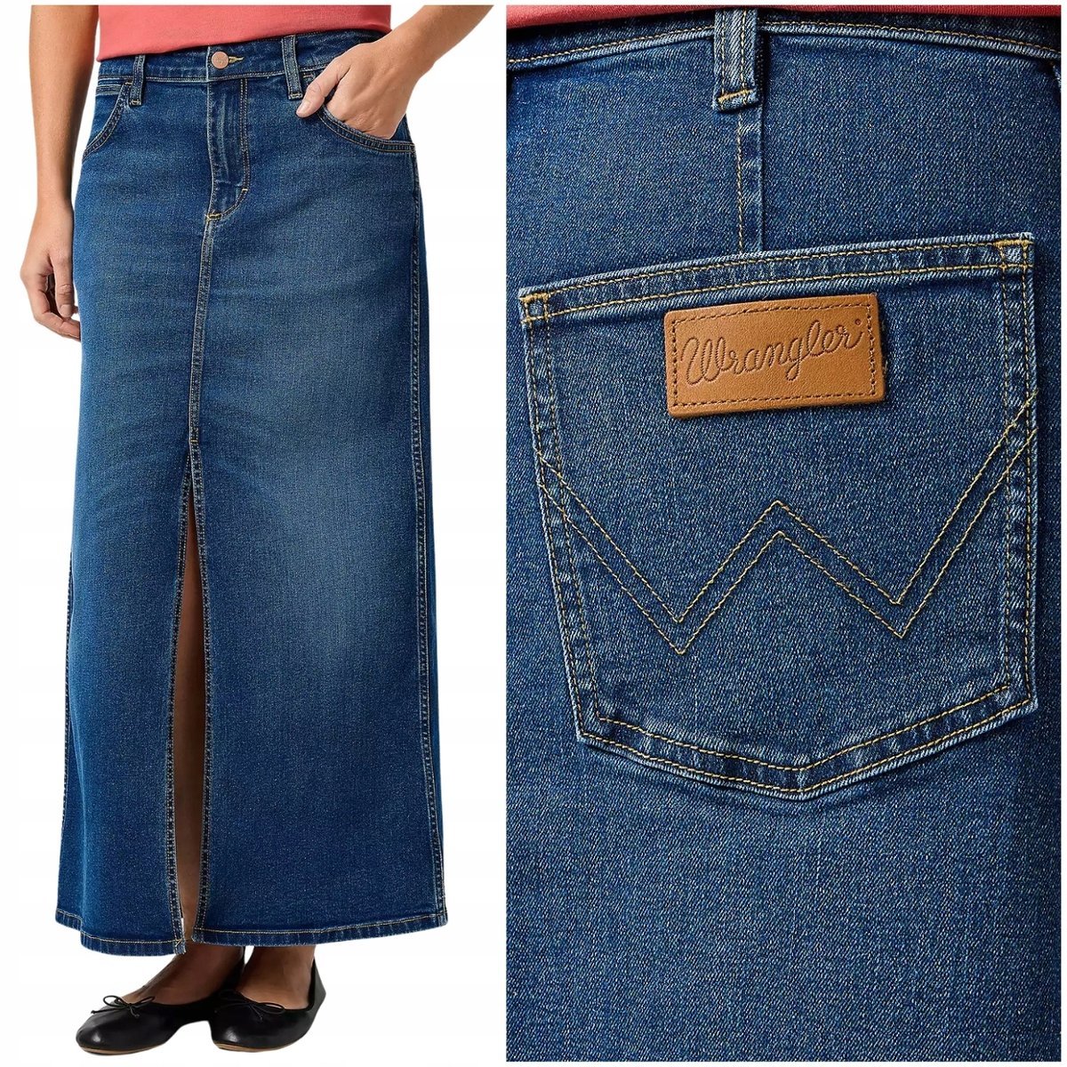 Wrangler Denim Maxi Skirt długa jeansowa spódnica z rozcięciem z przodu S