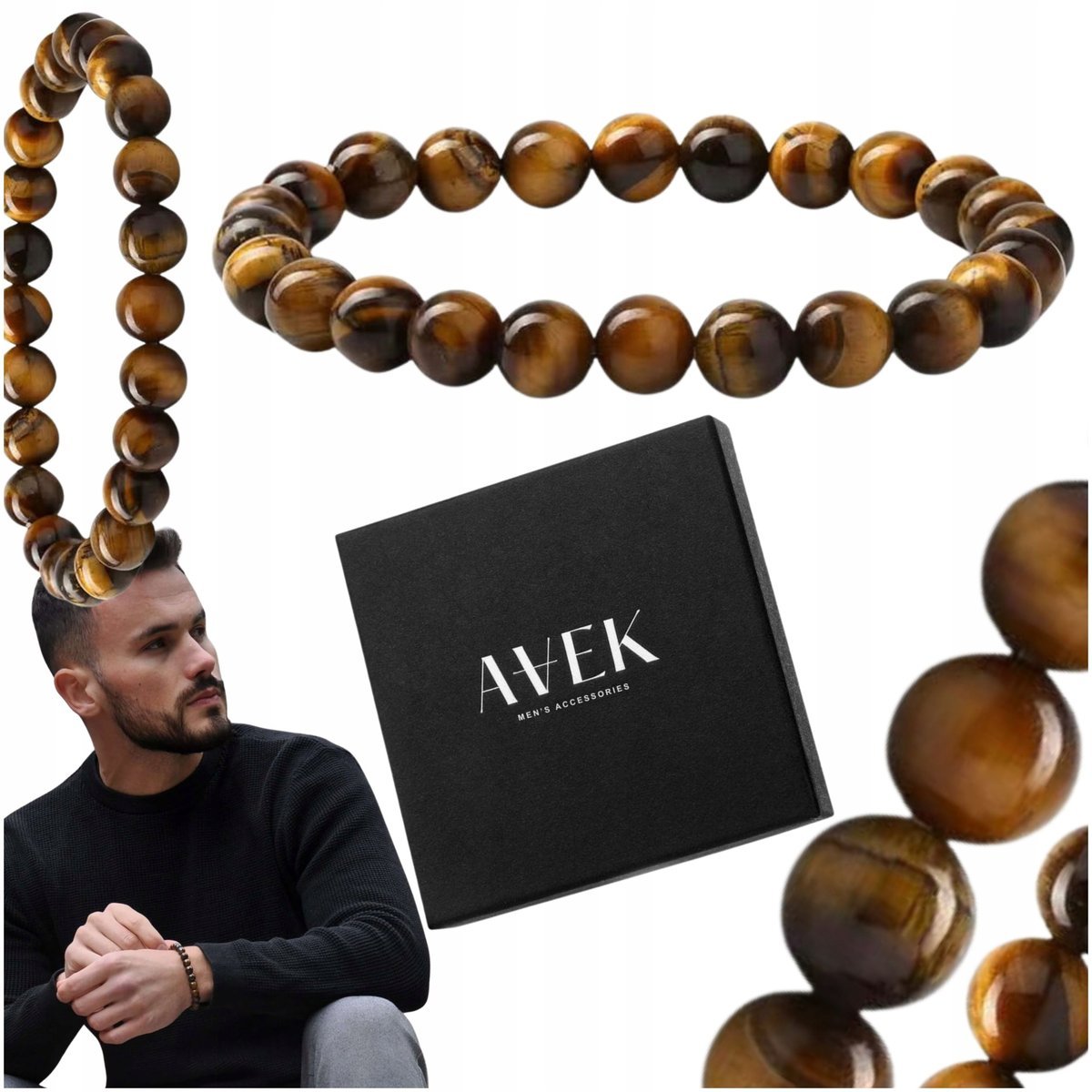 BRANSOLETKA MĘSKA Z KORALIKÓW BRĄZOWA Z KAMIENIA TIGER EYE SYMBOL 8MM AVEK / AVEK