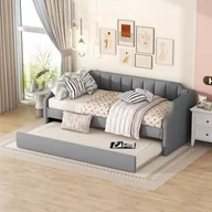 Łóżka dla dzieci i młodzieży - Łóżko rozkładane Merax 90x200/190cm, rozkładana sofa z listwowym stelażem i podłokietnikami, łóżko tapicerowane lnem łóżko dziecięce łóżko dziecięce - miniaturka - grafika 1