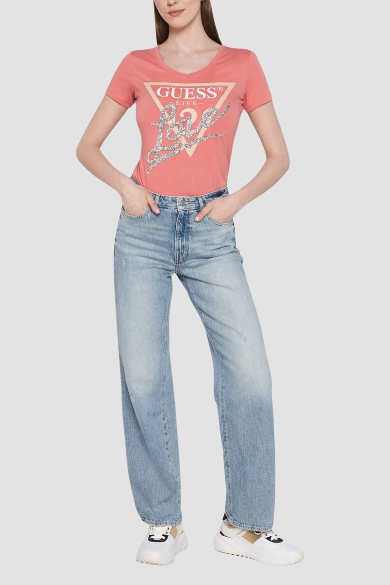 GUESS Różowy damski t-shirt Pearls Love L