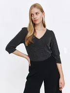 Bluzki damskie - Bluzka z błyszczącej tkaniny z dekoltem w serek - miniaturka - grafika 1