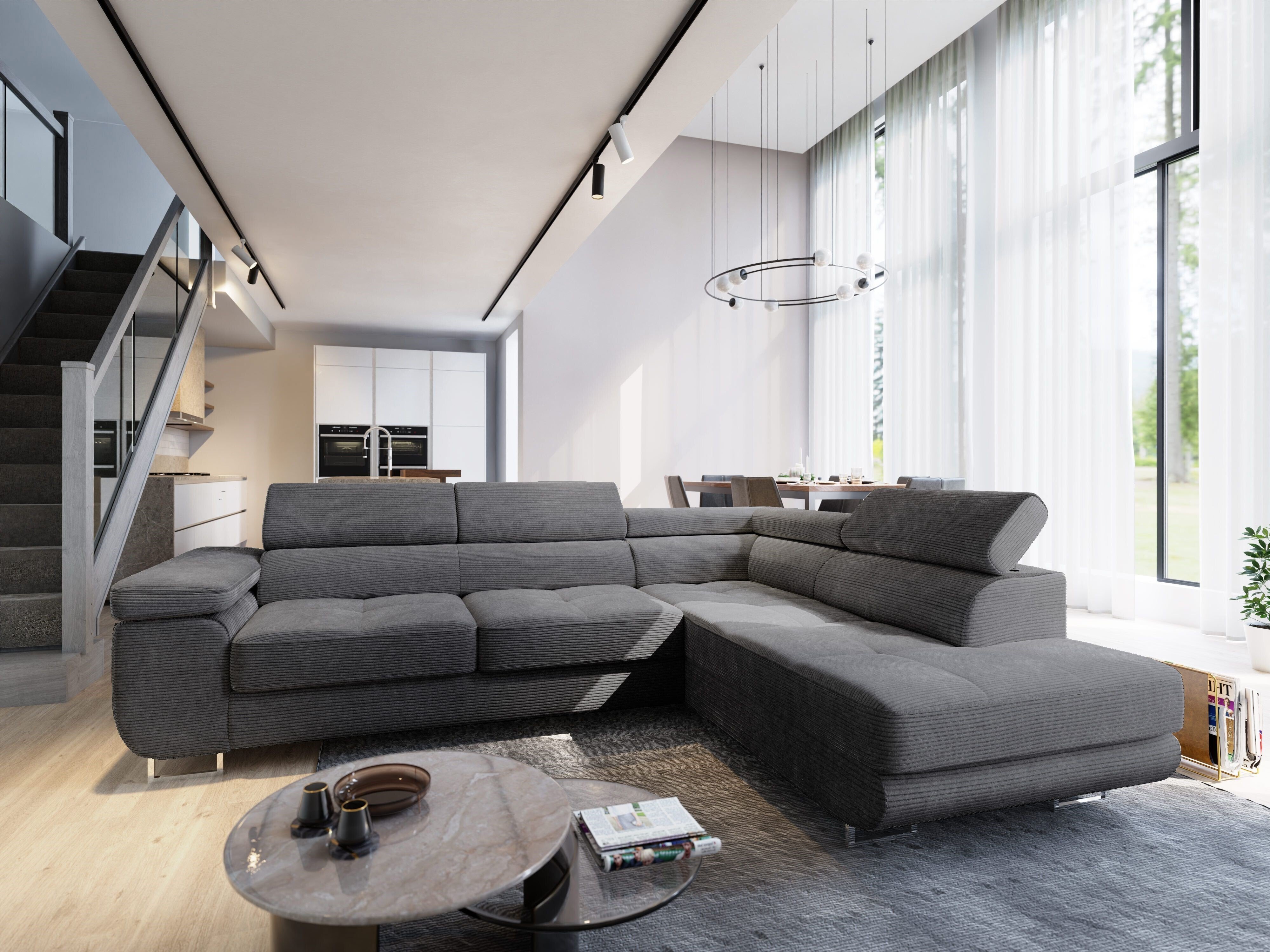 Masseno Narożnik APIRO R-S z funkcją spania i pojemnikiem na pościel Kształt L, Rozkładana sofa, Rogówka - Grafitowy, POSO 34