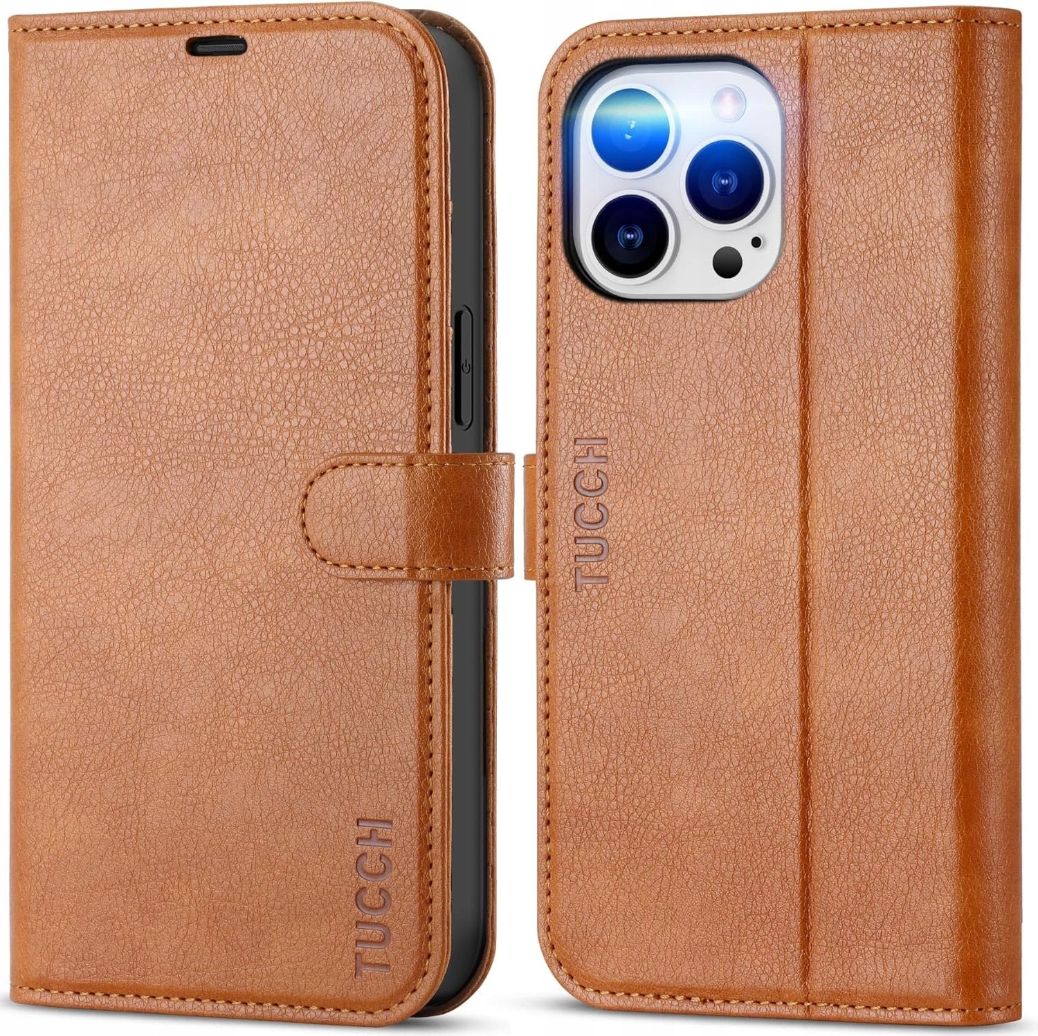 Tucch etui skórzane do iPhone 14 Pro Max z klapką Portfel Rfid Karty brąz