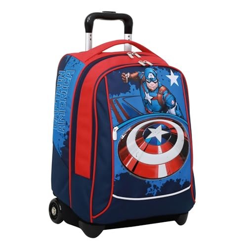 Seven Wózek szkolny Big - DISNEY - Kapitan Ameryka, Legendary Avengers, czerwono-niebieski - plecak z podwójnymi komorami, kieszeń na butelkę - plecak szkolny - plecak MARVEL Merchandising,