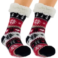 Skarpetki damskie - CIEPŁE DAMSKIE SKARPETY ZIMOWE Z MISIEM ABS NORWESKIE KAPCIE 36-41 CZERWONE - miniaturka - grafika 1