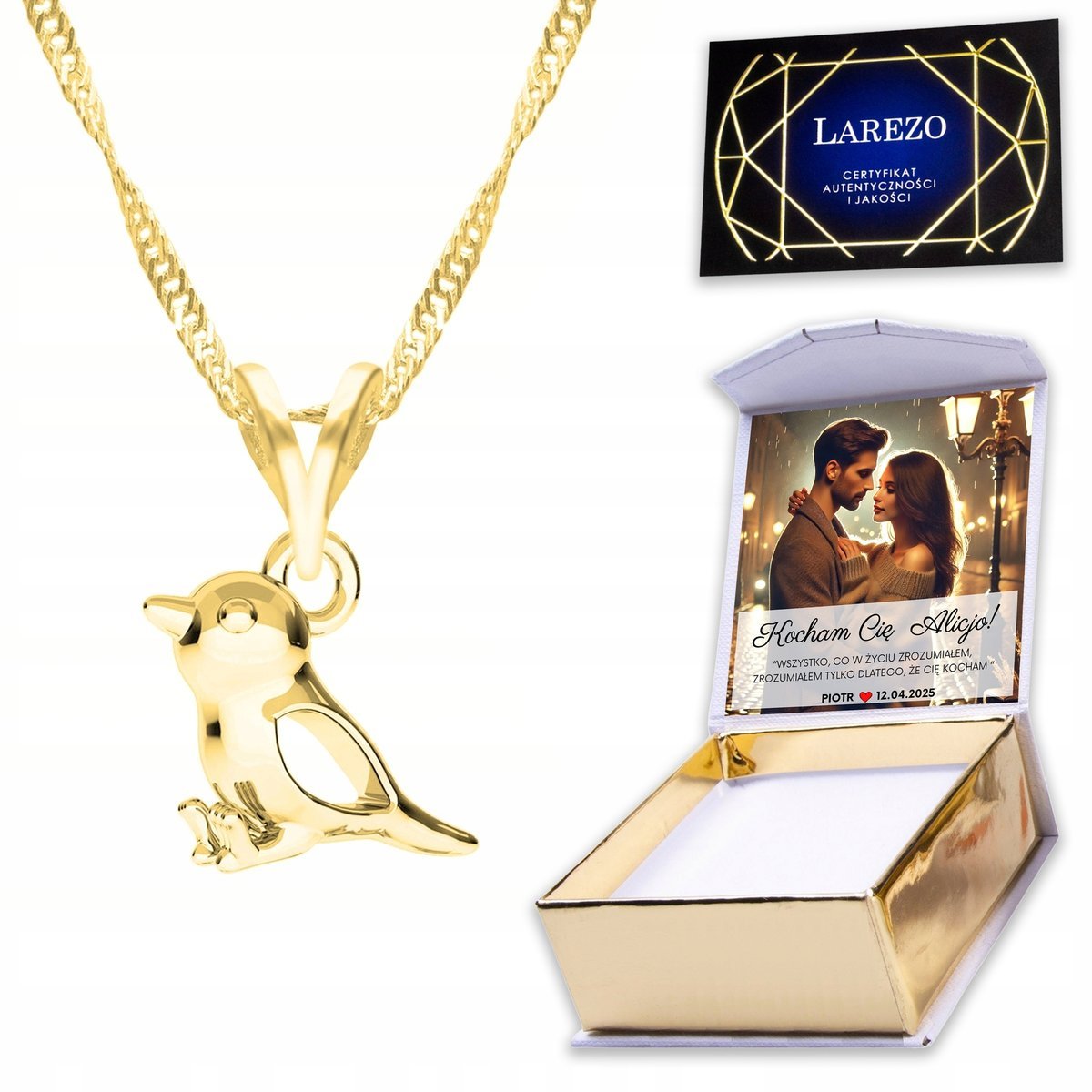 Złoty Naszyjnik 925 z Wróblem Ptakiem Zwierzęciem Wróbel Ptak Bird + NADRUK