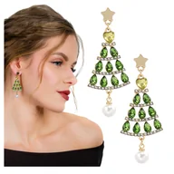 Kolczyki - Kolczyki Długie Wiszące Zielone Choinki Złote z Cyrkoniami Świąteczne - miniaturka - grafika 1