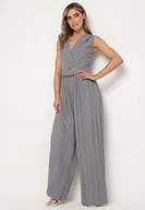 Kombinezony - Szary Kombinezon z Kopertową Górą i Szerokimi Nogawkami z Paskiem z Metalową Klamrą Lancilla - miniaturka - grafika 1