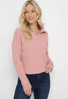 Swetry damskie - Różowy Klasyczny Sweter w Ozdobny Splot Mulls - grafika 1