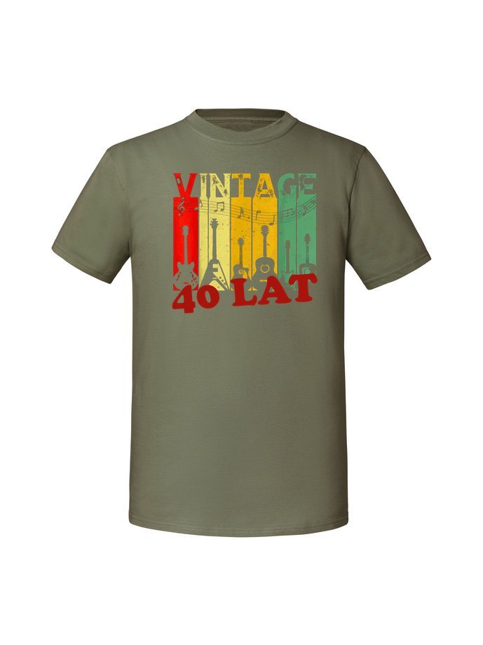 Męska koszulka z nadrukiem - 40 VINTAGE GITARY + WIEK 40 lat Olive XXL