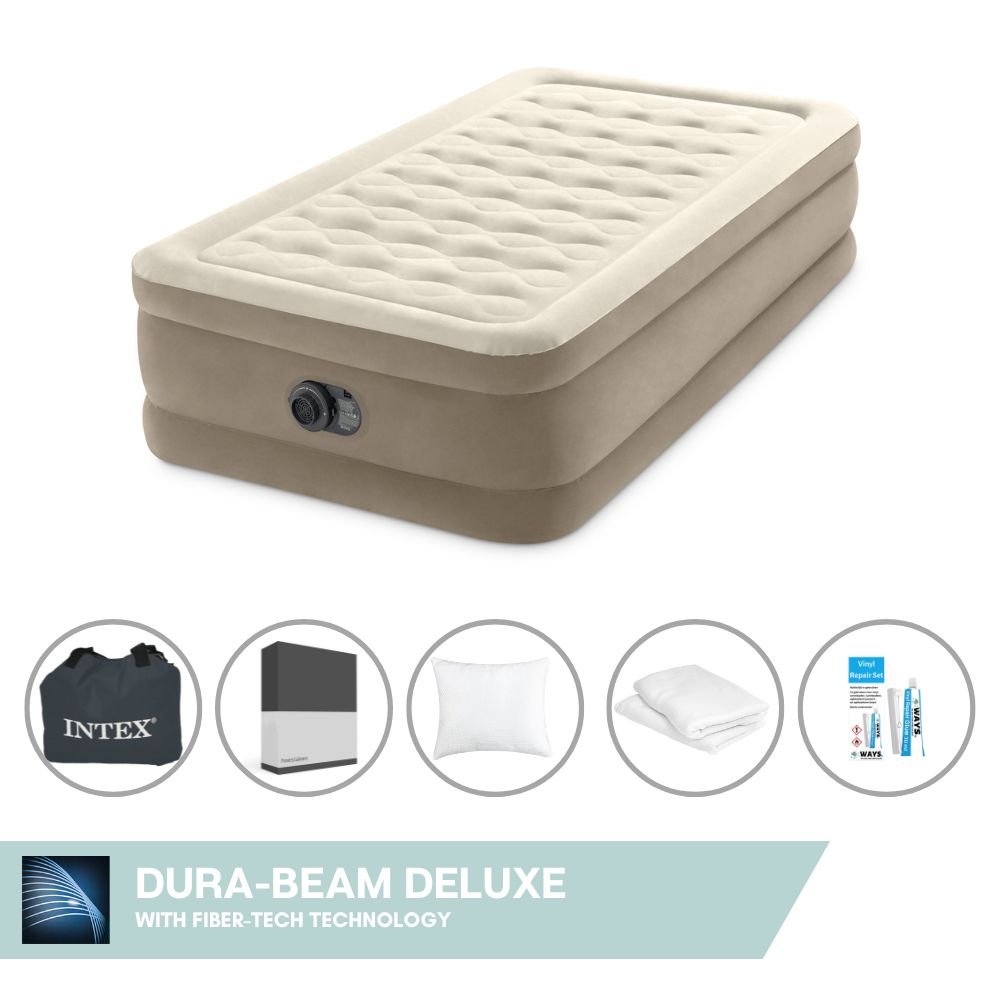 Łóżko dmuchane Intex - 1 osoba - 99 x 191 x 46 cm - Beżowe - Z wbudowaną pompką + prześcieradło czarne + poduszka + poszewki Molton 2 w 1 + zestaw naprawczy