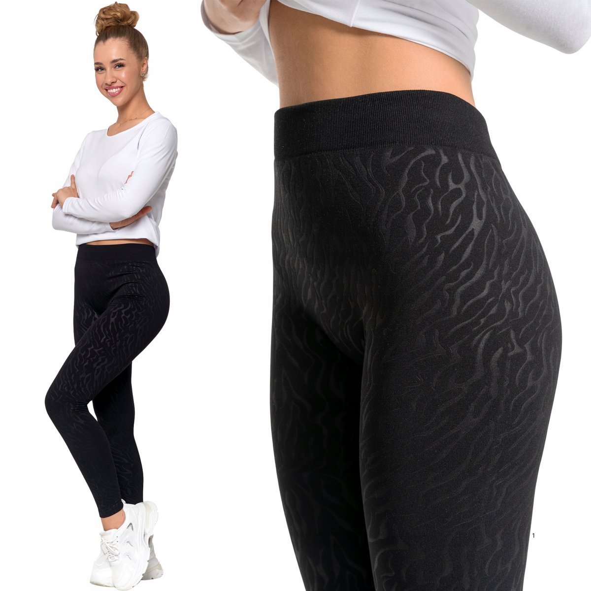 DŁUGIE MIĘKKIE LEGGINSY DAMSKIE W TŁOCZONE CĘTKI WYSOKI STAN FIT MORAJ L/XL BLACK