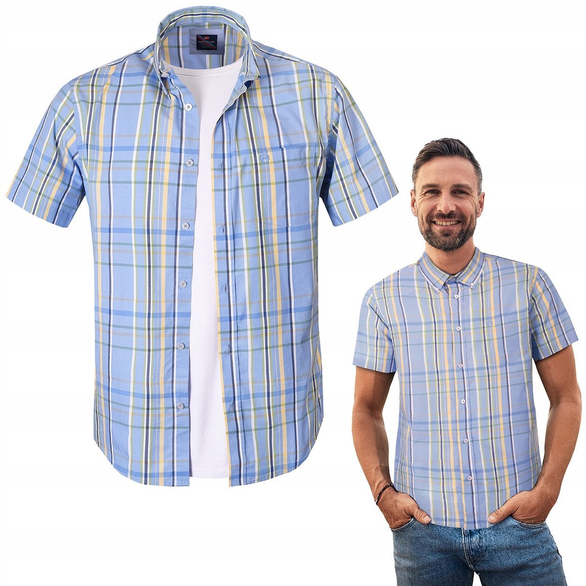 KOSZULA Męska w KRATKĘ z Krótkim Rękawem SLIM FIT Bawełniana 3XL Pako Jeans