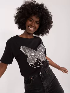 Koszulki i topy damskie - T-shirt z aplikacją czarny casual dekolt okrągły rękaw krótki cyrkonie cekiny dżety - grafika 1