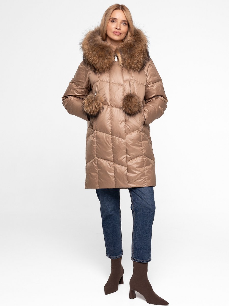 PIKOWANA PUCHOWA KURTKA DAMSKA Z FUTREM JENOTA I POMPONAMI