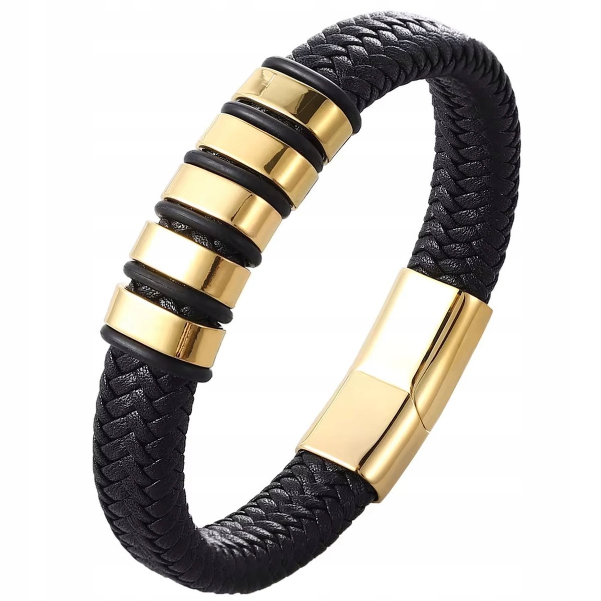 ZŁOTA BRANSOLETKA MĘSKA SKÓRZANA MAGNETYCZNA CZARNA STAL CHIRURGICZNA 316L