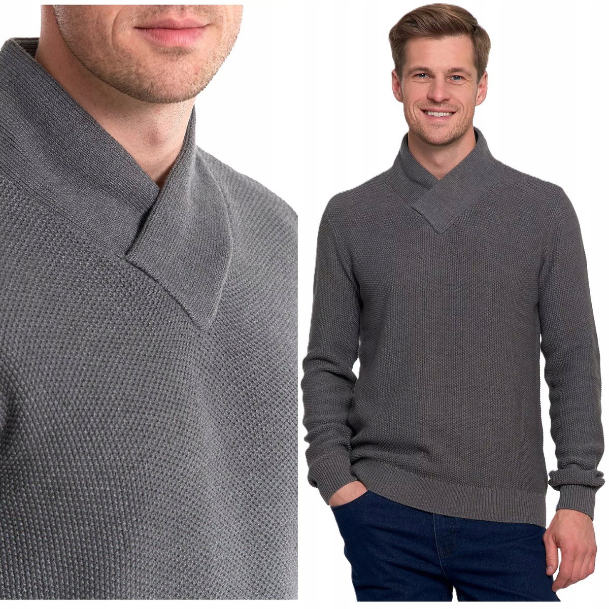 Sweter Męski Dzianinowy Gruby Ozdobna Stójka Elegancki Ciepły MORAJ 2XL