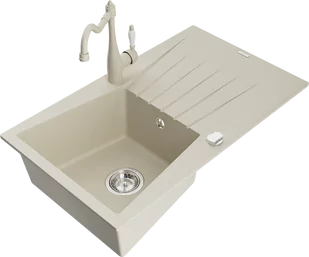 Mexen Cesar zlewozmywak granitowy 1-komorowy z ociekaczem i baterią kuchenną Carla, beżowy - 6514-69-670700-69 - Zlewozmywaki z baterią - miniaturka - grafika 1