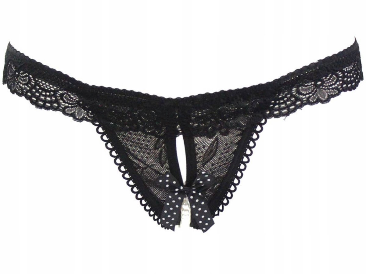 Stringi damskie czarne paseczki majtki perełki - S