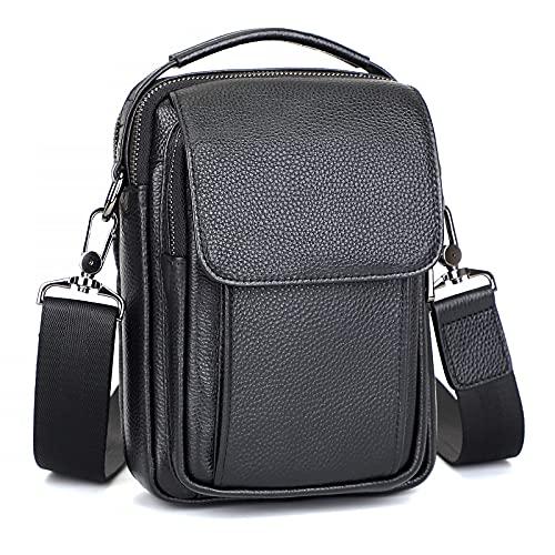 Augus Skórzana mała torba listonoszka dla mężczyzn torebka crossbody ramię torba podróżna dla mężczyzn torebka plecak na co dzień magnetyczna klamra, czarna, mała