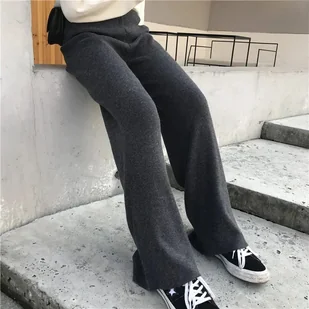 Dzianinowe spodnie z wysokim stanem - Szary - Spodnie damskie - miniaturka - grafika 1