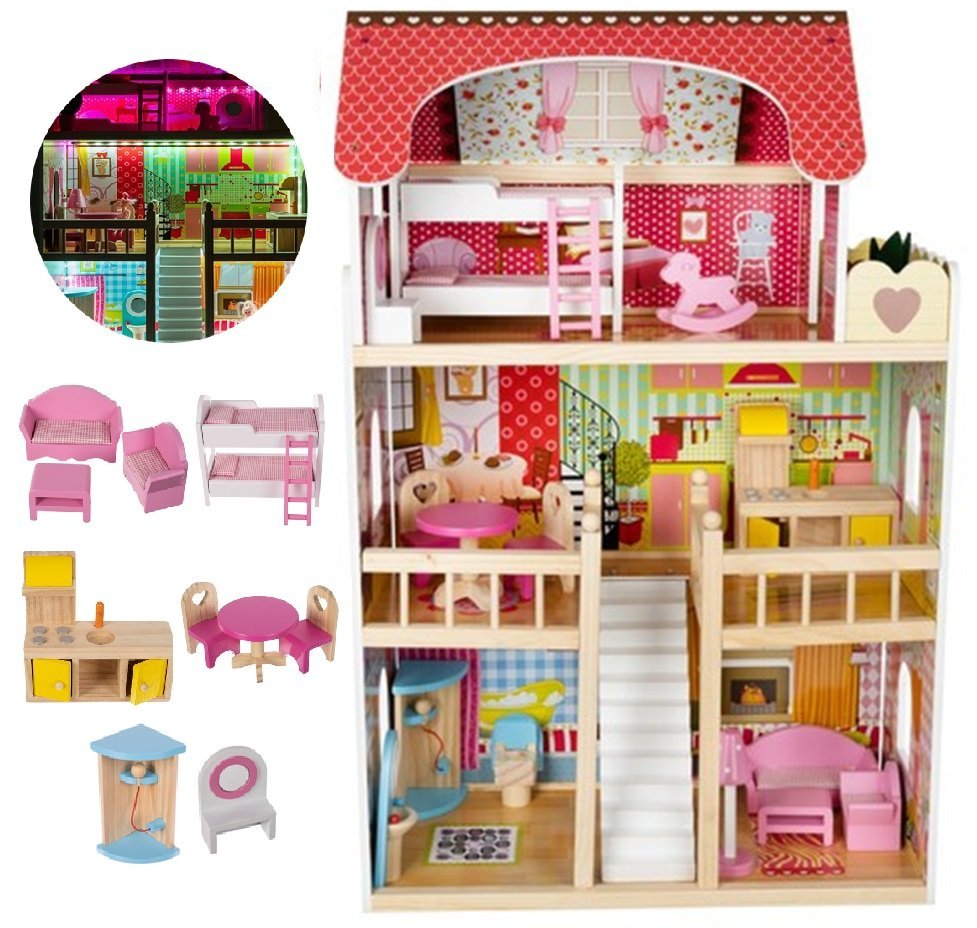 PIĘKNY DREWNIANY DOMEK DLA LALEK z LED i Meblami - Wysoki 90 cm Kolorowy