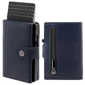 Etui na dokumenty i karty - Skórzany portfel męski z kieszenią na bilon oraz aluminiowym etui z wysuwanymi kartami (granatowy) - miniaturka - grafika 1