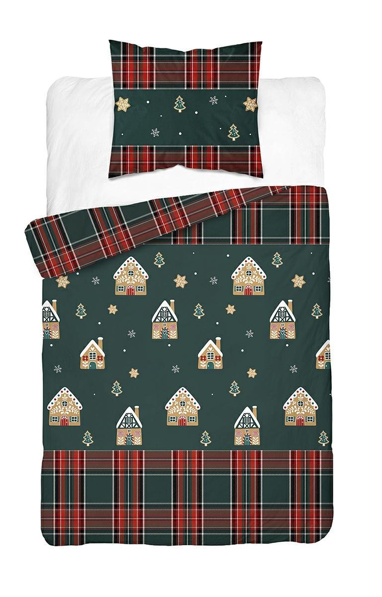 Pościel świąteczna 140x200 ciemnozielona w domki piernikowe i kratkę Christmas Comfort