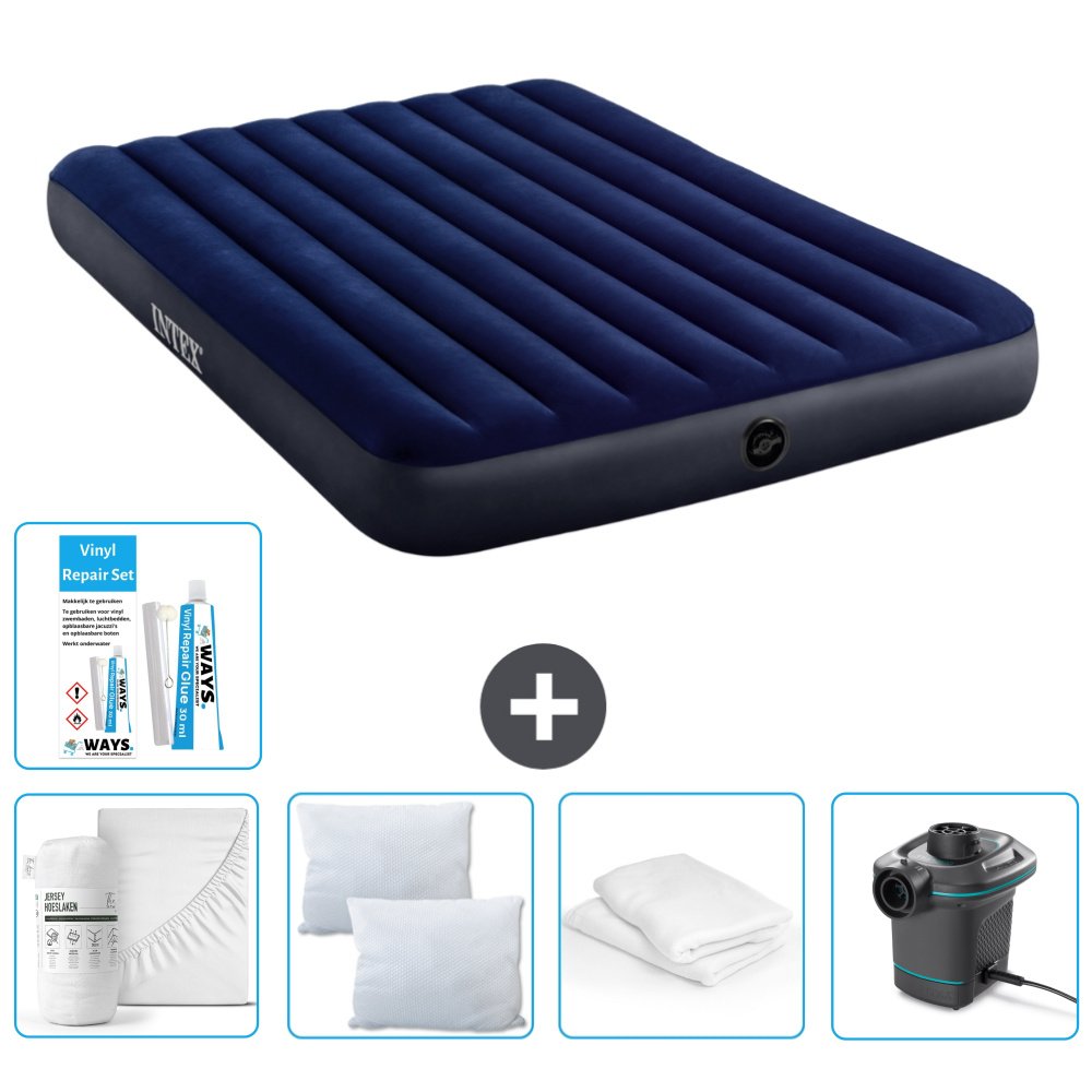 Dmuchane łóżko Intex - 2 osoby - 152 x 203 x 25 cm - niebieskie - w zestawie prześcieradło - buziak - pompka - zestaw naprawczy en ochraniacz na poduszkę