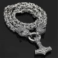 Naszyjniki męskie - Stal nierdzewna Viking Wolf Head Doubles Kolor Thor S Hammer Wisiorek Skórzany Łańcuch Męski Naszyjnik Biżuteria Stali 70cm - miniaturka - grafika 1