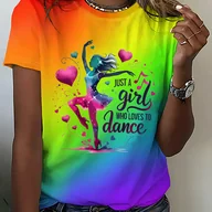 Bluzki damskie - TEMU Koszulka z Nadrukiem w Kolorowe Tęcze dla Kobiet - Sylwetka Tańczącej Osoby Kochającej Taniec z Serduszkami i Plamami, Krótki Rękaw, Okrągły - miniaturka - grafika 1